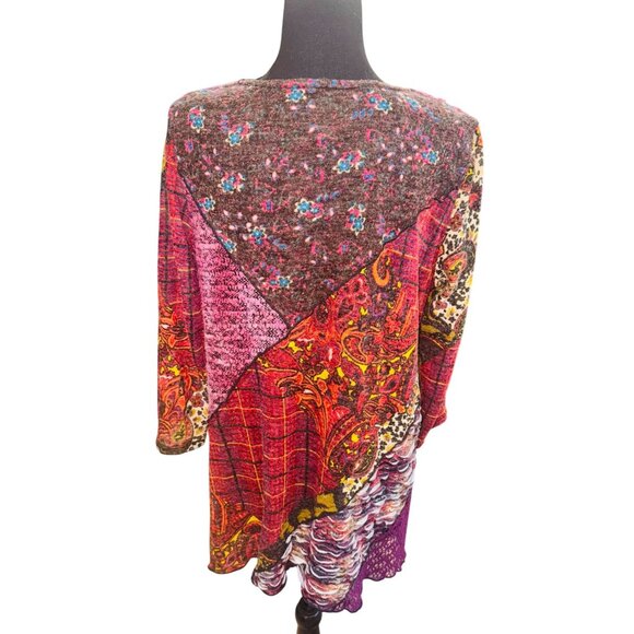 Ali Miles Patchwork Floral Knit Tunic Top  L Boho Chic Style Artsy Casual Blouse - Picture 2 of 9